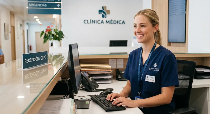Recepcionista administrativa atendiendo en el mostrador de una clínica médica privada